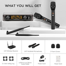 Load image into Gallery viewer, Lococo Wireless Handheld Microphone Karaoke System: Professional UHF Metal Dual Cordless Dynamic Mic Set - Long Transmission Range 200ft with Receiver for Home KTV, DJ Party, Church, Wedding, Meeting

