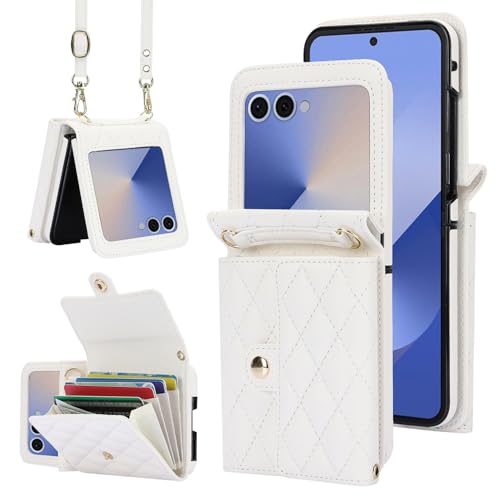 XIMAND for Samsung Galaxy Z Flip 7 Accordion Crossbody Wallet Case, 4 Card Slots, RFID Blocking, and Adjustable Strap - Stylish and Versatile Accessory.(White)