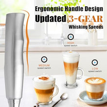 Load image into Gallery viewer, Nahida Silver Milk Frother Wand for Coffee, Frother Handheld Rechargeable Electric Whisk with 3 Heads 3 Speeds Drink Mixer Coffee Frother Foam Maker For Latte, Cappuccino, Hot Chocolate, Egg

