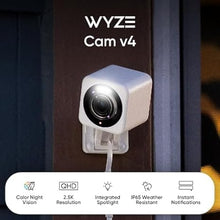 Load image into Gallery viewer, WYZE Cam v4, 2.5K HD WiFi Smart Home Security Camera, Indoor/Outdoor, Pet/Baby Monitor, Motion Activated Spotlight/Siren, Color Night Vision, 2-Way Audio, Compatible with Alexa &amp; Google, Wired, Black
