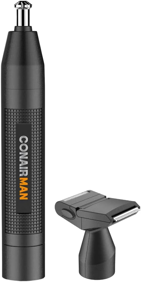 ConairMan Nose Hair Trimmer for Men, For Nose, Ear, and Eyebrows, Patent 360 Bevel Blade for No Pull, No Snag Trimming Experience, Cordless Trimmer 2 piece Set with Detail and Shaver Attachments