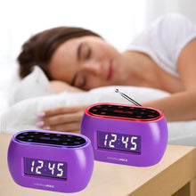 Load image into Gallery viewer, HANNLOMAX HX-161CR Portable PLL FM Radio Alarm Clock, LCD Display with Dimmer Function, 7 Colors RGB Night Light, USB Port for 1A Charging, Telescopic Antenna, AC/DC Operation only. (Purple)
