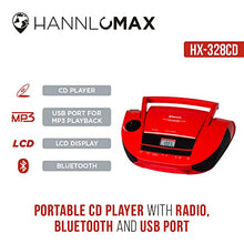 Load image into Gallery viewer, HANNLOMAX HX-328CD Portable CD Boombox with AM/FM Radio, Bluetooth, USB Port for MP3 Playback, Aux-in AC/DC Dual Power Source. (Red)
