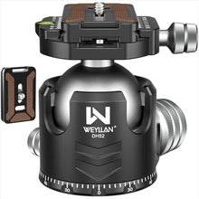 Load image into Gallery viewer, Low Profile Ball Head 52mm Tripod Head WEYLLAN DH52 Camera Head Mount, CNC Heavy Duty Ball Head with Two 1/4" Quick Release Plates, Panoramic Ballhead for Tripod, Monopod, DSLR, Max Load 66lbs /30kg
