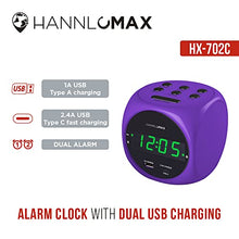 Load image into Gallery viewer, HANNLOMAX HX-702C Digital Clock with Dual Alarm, 0.7" Green LED Display. Dual USB Ports (USB-A &amp; Type-C) for Charging, AC Operation only. (Purple)
