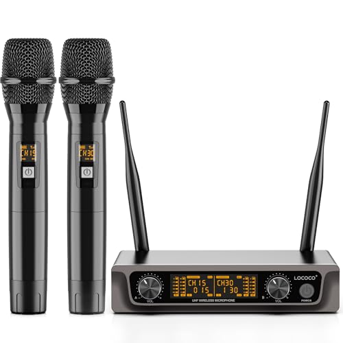 Lococo Wireless Handheld Microphone Karaoke System: Professional UHF Metal Dual Cordless Dynamic Mic Set - Long Transmission Range 200ft with Receiver for Home KTV, DJ Party, Church, Wedding, Meeting