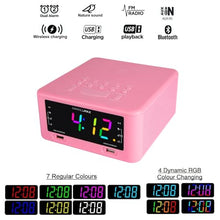 Load image into Gallery viewer, HANNLOMAX HX-206Wi Alarm Clock Radio with Wireless Charger, RGB Color Display, USB Port for Charging and MP3 Playback, Bluetooth, Soothing Sleep Sounds, Aux-in, AC Operation only. (Pink)
