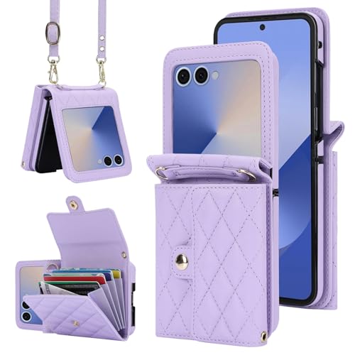 XIMAND for Samsung Galaxy Z Flip 7 Accordion Crossbody Wallet Case, 4 Card Slots, RFID Blocking, and Adjustable Strap - Stylish and Versatile Accessory.(Purple)