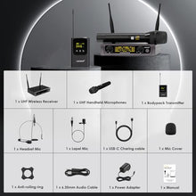 Load image into Gallery viewer, UHF Wireless Microphone System Set: Metal Cordless Handheld/Headset/Lavalier Lapel Mics, Bodypack Transmitter, Receiver - 2*15 Channels 200ft Range for Church, Karaoke Singing, DJ, Wedding, Speech
