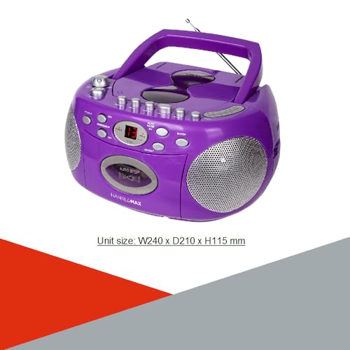 HANNLOMAX HX-323CD Portable CD Player, AM/FM Radio, Cassette Recorder, Records from CD or Radio, Headphone Jack, AC/DC Dual Power Source. (Purple)