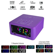 Load image into Gallery viewer, HANNLOMAX HX-206Wi Alarm Clock Radio with Wireless Charger, RGB Color Display, USB Port for Charging and MP3 Playback, Bluetooth, Soothing Sleep Sounds, Aux-in, AC Operation only. (Purple)
