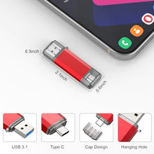 Load image into Gallery viewer, RAOYI 256GB USB C Flash Drive Upgraded 130MB/s 2 in 1 USB 3.1 Type C Dual OTG Metal Thumb Drive Memory Stick with Keychain Suitable for USB-C Smartphones, PC, Macbooks and Tablets (Red)
