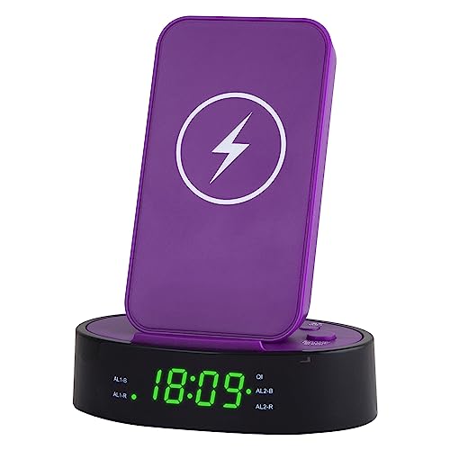 HANNLOMAX HX-203Wi PLL FM Radio Alarm Clock with Wireless Charger and 2.4A USB Port for Charging (Purple)