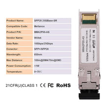 Load image into Gallery viewer, Wiitek 25G SFP28 SR SFP+ Optical Transceiver, 25GBase-SR SFP28 Module, 850nm MMF, up to 100meters, Compatible for Mellanox MMA2P00-AS
