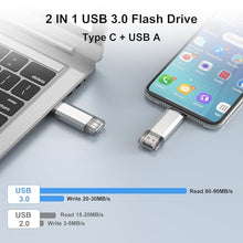 Load image into Gallery viewer, RAOYI 2 Pack 128GB USB C Flash Drive, 2 in 1 USB 3.0 Type C Dual OTG Metal Thumb Drive Jump Drive Memory Stick with Keychain Suitable for USB-C Smartphones, MacBook, Computers and Tablets (Silver)
