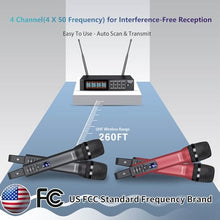 Load image into Gallery viewer, ZERFUN Rechargeable Wireless Microphone System 4 Channel Pro, UHF Handheld Cordless Mics with VOL Echo Treble BASS Control, LCD Display, Frequency Lock, XLR, 1/4, 1/8 Output, D-300, Grey&amp;Red
