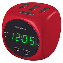 Load image into Gallery viewer, HANNLOMAX HX-702C Digital Clock with Dual Alarm, 0.7" Green LED Display. Dual USB Ports (USB-A &amp; Type-C) for Charging, AC Operation only. (Red)
