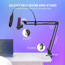 Load image into Gallery viewer, FDUCE Gaming USB Microphone, RGB Condenser mic with Mute, Gain, Monitoring, Boom Arm for Streaming, Podcast, Twitch, YouTube, PC, Computer, PS5, (M160+)
