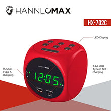 Load image into Gallery viewer, HANNLOMAX HX-702C Digital Clock with Dual Alarm, 0.7" Green LED Display. Dual USB Ports (USB-A &amp; Type-C) for Charging, AC Operation only. (Red)
