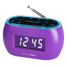 Load image into Gallery viewer, HANNLOMAX HX-161CR Portable PLL FM Radio Alarm Clock, LCD Display with Dimmer Function, 7 Colors RGB Night Light, USB Port for 1A Charging, Telescopic Antenna, AC/DC Operation only. (Purple)
