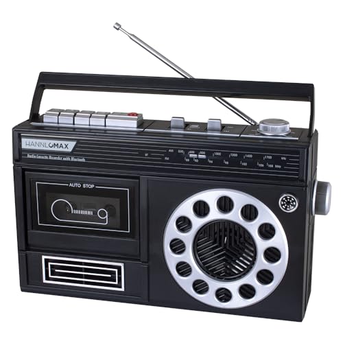 HANNLOMAX HX-601K Portable AM/FM Radio Cassette Recorder with Bluetooth, Records from Built-in Mic or Radio, Headphone Jack, AC/DC Operation. (Black)