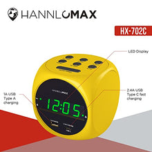 Load image into Gallery viewer, HANNLOMAX HX-702C Digital Clock with Dual Alarm, 0.7" Green LED Display. Dual USB Ports (USB-A &amp; Type-C) for Charging, AC Operation only. (Yellow)
