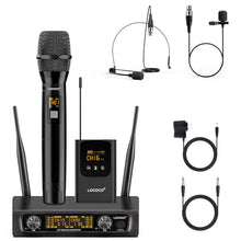 Load image into Gallery viewer, UHF Wireless Microphone System Set: Metal Cordless Handheld/Headset/Lavalier Lapel Mics, Bodypack Transmitter, Receiver - 2*15 Channels 200ft Range for Church, Karaoke Singing, DJ, Wedding, Speech
