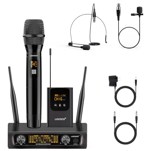 UHF Wireless Microphone System Set: Metal Cordless Handheld/Headset/Lavalier Lapel Mics, Bodypack Transmitter, Receiver - 2*15 Channels 200ft Range for Church, Karaoke Singing, DJ, Wedding, Speech