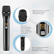 Load image into Gallery viewer, Lococo Wireless Handheld Microphone Karaoke System: Professional UHF Metal Dual Cordless Dynamic Mic Set - Long Transmission Range 200ft with Receiver for Home KTV, DJ Party, Church, Wedding, Meeting
