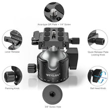 Load image into Gallery viewer, WEYLLAN EH46L Tripod Ball Head with Lever Release, 46mm Low Profile Heavy Duty Ball Head Mount with Arca Swiss Quick Release Plate for Camera Tripod Monopod DSLR Camcorder Telescope,Max Load 55lb/25kg
