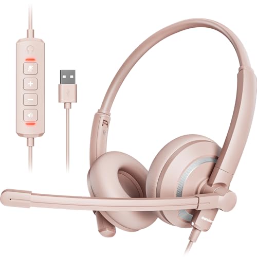 awatrue Computer USB Headset with Microphone for PC Laptop - WiredHeadphones with in-Line Control, Lightweight, Enhanced Sound & MIC Mute(Pink)