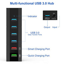 Load image into Gallery viewer, Powered USB 3.0 Hub, RAOYI 6 Ports High Speed USB 3.0 Hub Splitter with 24W Power Adapter, 3.3ft Cable and Smart Fast Charger USB Hub for for Laptop, PC, Mac, Mobile HDD, Mulitple Devices (Black)
