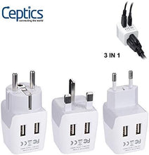 Load image into Gallery viewer, Ceptics Complete European Set Travel Adapter Plug by Ceptics With Dual USB - Type G, E/F, C - London - USA Input - Light Weight - Perfect for Cell Phones, Chargers, Cameras and More - 3 Pack
