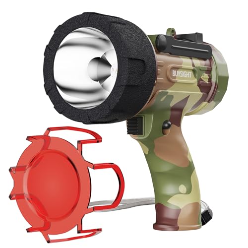 BUYSIGHT Rechargeable Spotlight Flashlight, Hand held Spotlight 800 lumens Waterproof Flashlight Hunting Lamp with red Filter(Camouflage Gray Mini)