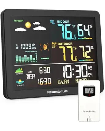 Weather Station Wireless Indoor Outdoor Thermometer, Atomic Clock with Tide Sunrise Sunset Time, Barometer Phase Black