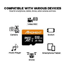 Load image into Gallery viewer, MMOMENT 512GB Micro SDXC Card, A1, V30, UHS-I, U3, Class 10 Compatible, Read Speed Up to 95 MB/s,Write Speed Up to 70MB/s, SD Adapter Included
