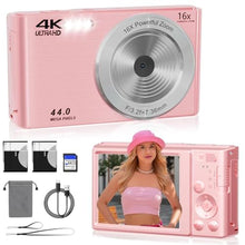 Load image into Gallery viewer, 44MP FHD 4K Autofocus Kids Camera with 16x Zoom, Compact Point and Shoot Camera for Kids with 64GB SD Card, 2 Batteries, Simple Small Digicam for Teens (PureWhite) (Pink)_1
