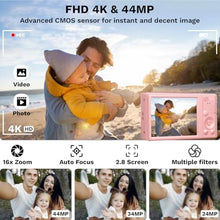 Load image into Gallery viewer, 44MP FHD 4K Autofocus Kids Camera with 16x Zoom, Compact Point and Shoot Camera for Kids with 64GB SD Card, 2 Batteries, Simple Small Digicam for Teens (PureWhite) (Pink)_2175
