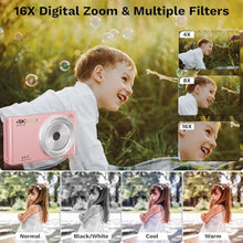 Load image into Gallery viewer, 44MP FHD 4K Autofocus Kids Camera with 16x Zoom, Compact Point and Shoot Camera for Kids with 64GB SD Card, 2 Batteries, Simple Small Digicam for Teens (PureWhite) (Pink)_2176
