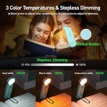 Load image into Gallery viewer, VAVOFO USB Rechargeable Book Light, Blue Light Blocking, Amber Light Clip On Bookmark Shaped Reading Light, Eye Care 6 LEDs Book Light for Bookworms Reading in Bed with 9 Lighting Modes (Powder Green)
