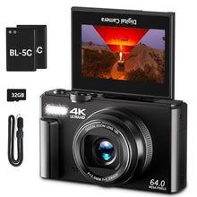 Load image into Gallery viewer, 4K Digital Camera for Photography, 64MP Vlogging Camera for YouTube with 3" 180 Flip Screen, 18X Digital Zoom Point and Shoot Camara with 32GB Micro SD Card for Beginner (Black), YLWCBlack_1

