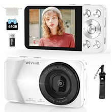 Load image into Gallery viewer, 4K Digital Camera, Wevoor 64MP Point and Shoot Digital Camera with Autofocus, 18X Zoom, 20 Filters, 64GB SD Card, 2000 mAh Battery, 2.8" Screen Compact Vlogging Camera for Beginners Teens Adult(White)_1
