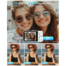 Load image into Gallery viewer, 4K Digital Camera, Wevoor 64MP Point and Shoot Digital Camera with Autofocus, 18X Zoom, 20 Filters, 64GB SD Card, 2000 mAh Battery, 2.8" Screen Compact Vlogging Camera for Beginners Teens Adult(White)_554
