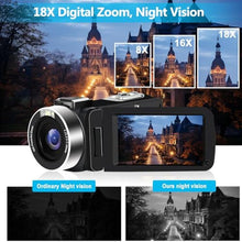 Load image into Gallery viewer, 4K Video Camera Camcorder 48MP 30FPS IR Night Vision WiFi Camera Recorder, 18X Digital Zoom 3" Touch Screen Vlogging Camera for YouTube with Microphone, SD Card, Lens Hood, Stabilizer, Remote Control, Black_612
