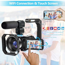 Load image into Gallery viewer, 4K Video Camera Camcorder 48MP 30FPS IR Night Vision WiFi Camera Recorder, 18X Digital Zoom 3" Touch Screen Vlogging Camera for YouTube with Microphone, SD Card, Lens Hood, Stabilizer, Remote Control, Black_613
