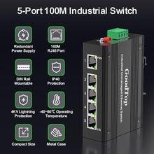 Load image into Gallery viewer, 5 Port 100Mb Unmanaged Industrial Switch, with 15W Power Supply, DIN Rail, Grey_6320
