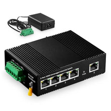 Load image into Gallery viewer, 5 Port Industrial Ethernet Switch, 4 Ports and 1 Uplink 10/100Mbps, Fanless Din Rail and Wall Mount, IP40 Aluminum Alloy -40~75C(-40~185F), with One Power Supply, black_1
