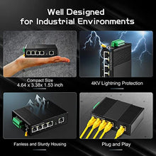 Load image into Gallery viewer, 5 Port Industrial Ethernet Switch, 4 Ports and 1 Uplink 10/100Mbps, Fanless Din Rail and Wall Mount, IP40 Aluminum Alloy -40~75C(-40~185F), with One Power Supply, black_6977
