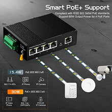 Load image into Gallery viewer, 5 Port PoE Industrial Ethernet Switch, 4 POE IEEE802.3af/at, 1 Uplink, 10/100Mbps, Fanless Metal Din Rail and Wall Mount, with One 60W PoE Power Supply_7005
