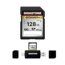 Load image into Gallery viewer, 5-Years Data Recovery GIGASTONE 128GB SD Card with USB Type C Card Reader, 4K Camera Pro, UHS-I A1 V30 U3 SDXC Memory Card, Speed up to 100MB/s, Compatible with Digital Camera, with 1 mini case, GBKCameraProSDCardPackTypeCCardReader_1
